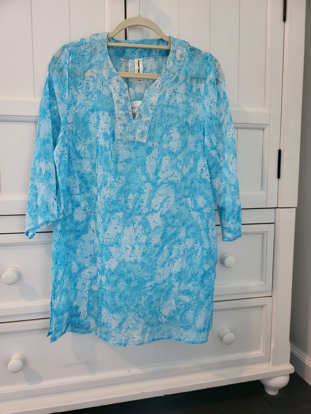 Light Blue Sheer Tunic with Embellished V-Neck, L